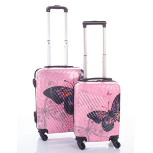 Pillangós keményfalú bőrönd szett 2 részes rózsaszínben kivehető kerékkel