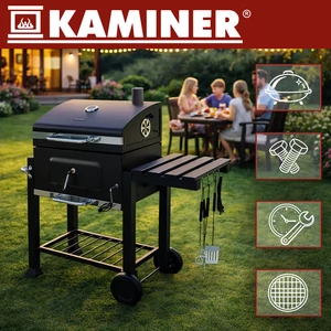 Kerti faszenes grillsütő öntöttvas ráccsal, kémény fedővel, hamutartóval + hőmérővel