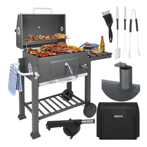 Kerti faszenes grillsütő öntöttvas ráccsal, kémény fedővel, hamutartóval + hőmérővel