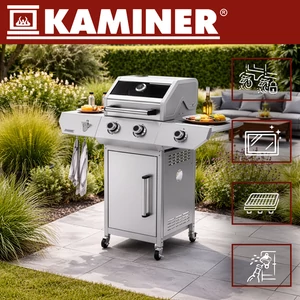 Varen  2 az 1-ben Gáz grillsütő  10kW Kaminer 3.0 rozsdamentes acél fedővel és forgónyárssal