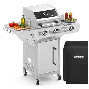 Varen  2 az 1-ben Gáz grillsütő  10kW Kaminer 3.0 rozsdamentes acél fedővel és forgónyárssal