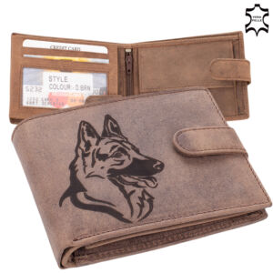 Bőr vadász pénztárca barna színben  németjuhász kutya mintával RFID védelemmel 5702-dog-3
