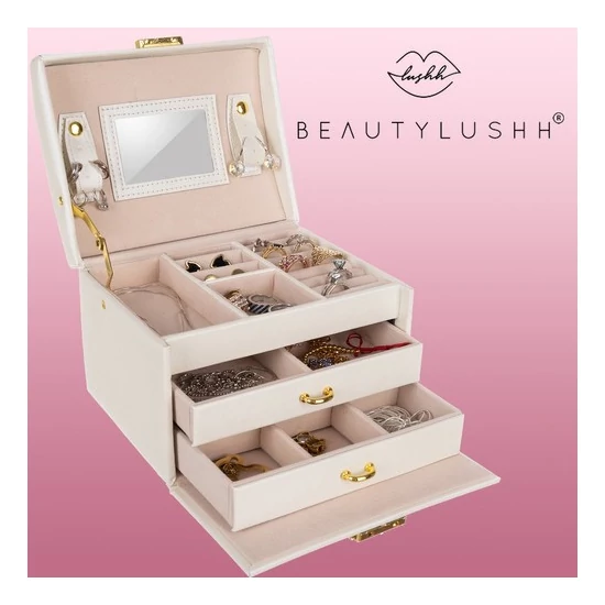 BEAUTYLUSHH 3 részes ékszerdoboz, bársony béléssel bézs színben
