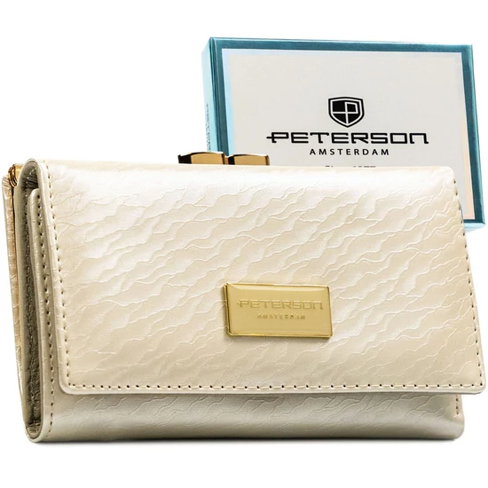 Peterson Valódi bőr ekrü színű kis méretű  női pénztárca díszdobozban