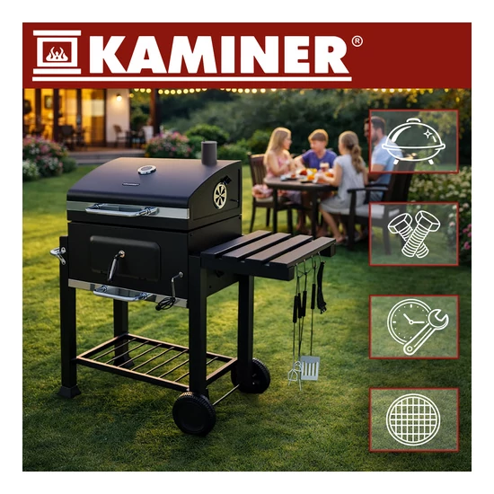 Kerti faszenes grillsütő öntöttvas ráccsal, kémény fedővel, hamutartóval + hőmérővel