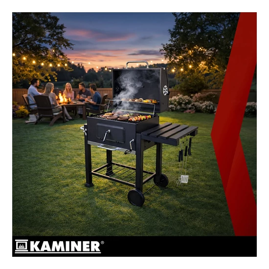 Kerti faszenes grillsütő öntöttvas ráccsal, kémény fedővel, hamutartóval + hőmérővel