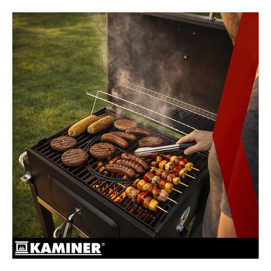 Kerti faszenes grillsütő öntöttvas ráccsal, kémény fedővel, hamutartóval + hőmérővel