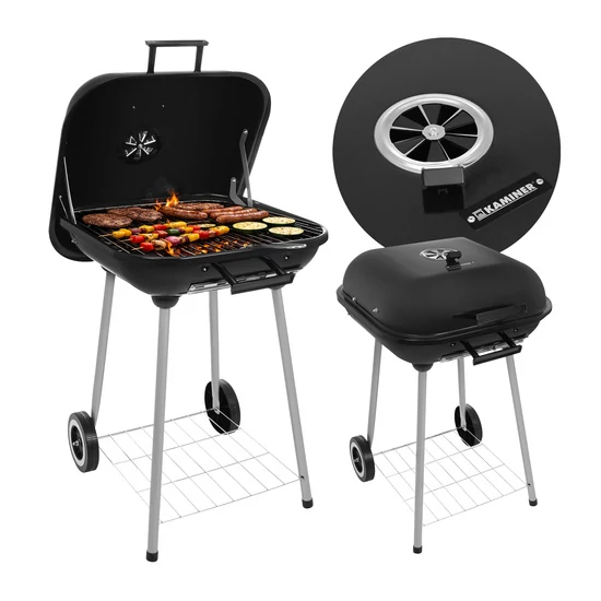 Faszenes olcsó grillsütő fedővel, nagy, hordozható ráccsal, stabil polccal, fogantyúval