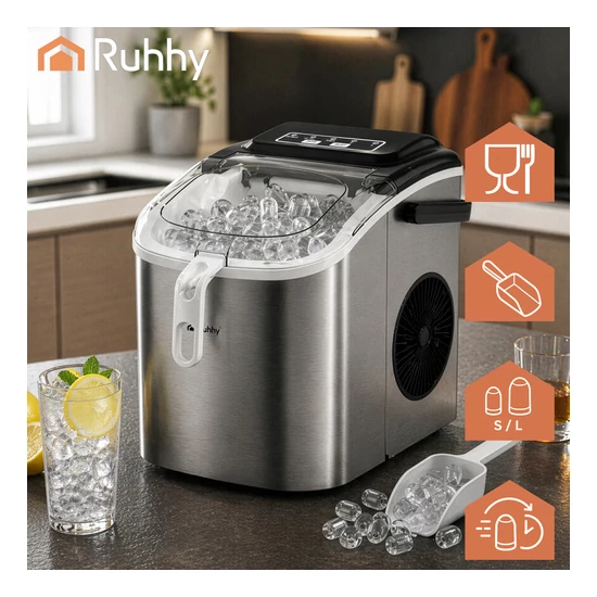 Ruhhy 1,2 literes ezüst jégkészítő, 12 kg/24 óra, gyors jéggyártás