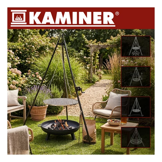 Kerti grillsütő állvány 190x70 cm Kaminer rozsdamentes acél rács magasságállítás