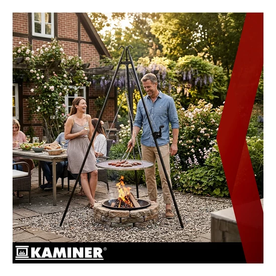 Kerti grillsütő állvány 190x70 cm Kaminer rozsdamentes acél rács magasságállítás