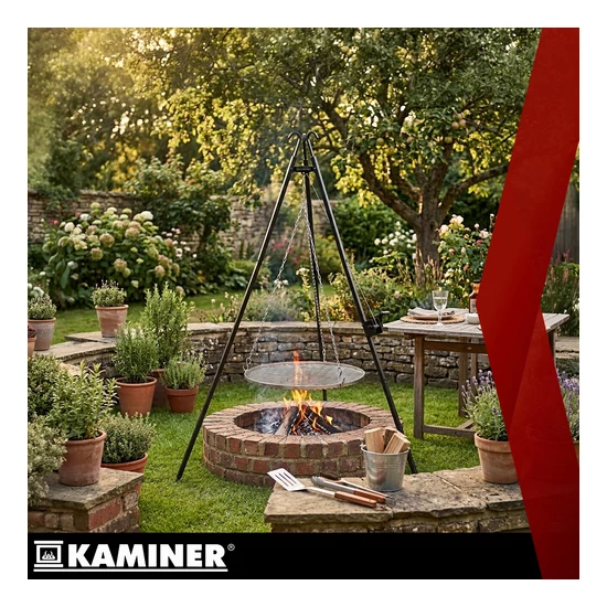 Kerti grillsütő állvány 190x70 cm Kaminer rozsdamentes acél rács magasságállítás