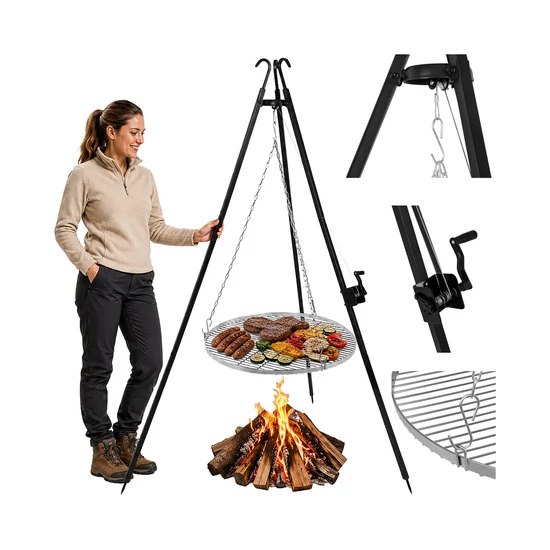Kerti grillsütő állvány 190x70 cm Kaminer rozsdamentes acél rács magasságállítás