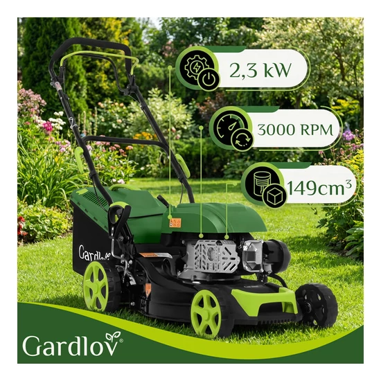 Benzines fűnyíró meghajtással, erős motorral, 40,6 cm vágási szélességgel + mosó funkcióval + olajozással