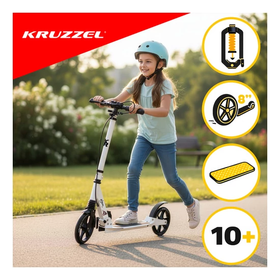 KRUZZEL nagyméretű összecsukható városi roller felfüggesztéssel, tárcsafékkel és állítható kormánymagassággal