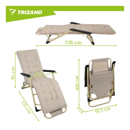 Összecsukható nagyméretű napozóágy vastag párnával + fejtámlával 60 x 177 x 30cm 
