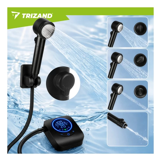 TRIZAND 8000mAh hordozható kempingzuhany LED kijelzővel IPX8