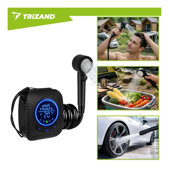TRIZAND 8000mAh hordozható kempingzuhany LED kijelzővel IPX8