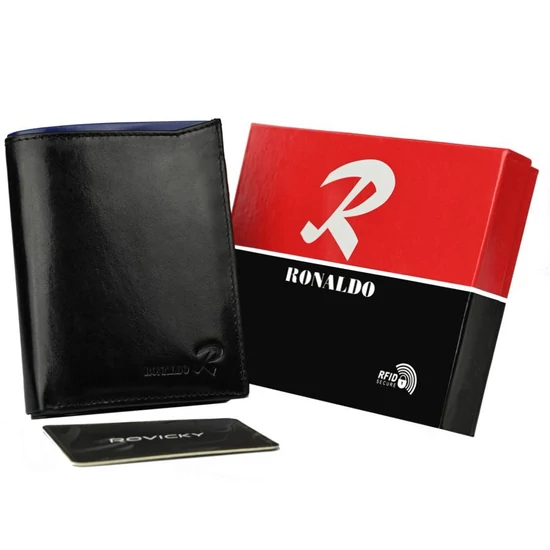 RFID bőr pénztárca RONALDO N104-VT Fekete+kék