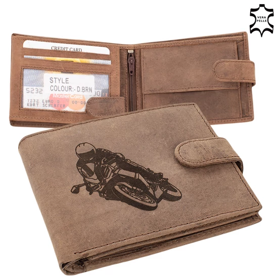Bőr  pénztárca barna színben motoros mintával RFID védelemmel 5702-motor
