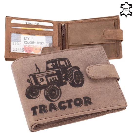 Bőr pénztárca barna színben traktor mintával RFID védelemmel díszdobozban 5702-tractor