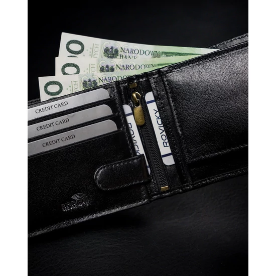 Valódi bőrből készült férfi pénztárca cipzáros rekesszel RFID védelemmel